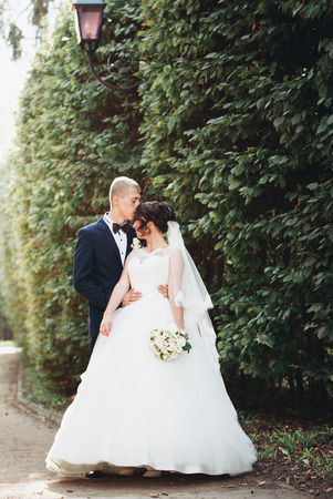 Happy wedding couple, bride and groom posing in park.の写真素材