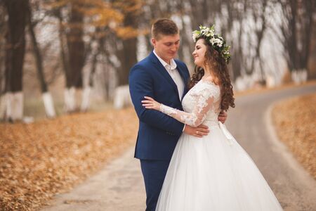 Happy wedding couple, bride and groom in the autumn forest, park.の写真素材