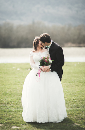 Beautiful wedding couple, bride and groom posing and walking in field against the background of high mountains.の写真素材