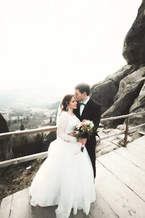 Wedding couple in love kissing and hugging near rocks on beautiful landscape.の写真素材