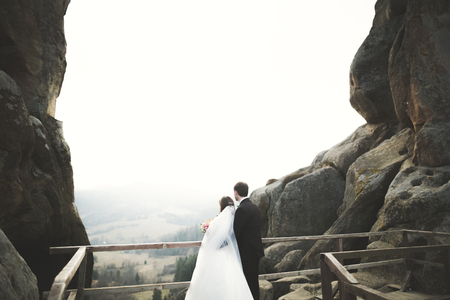 Wedding couple in love kissing and hugging near rocks on beautiful landscape.の写真素材