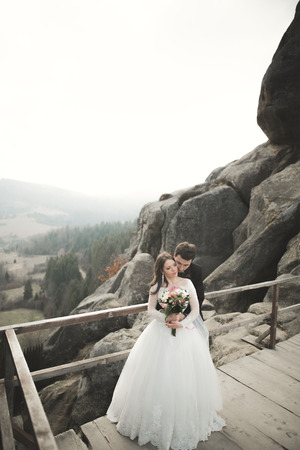 Happy wedding couple, bride and groom posing near rocks with beautiful views.の写真素材