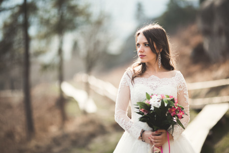 Beautiful bride posing near rocks with beautiful views.の写真素材