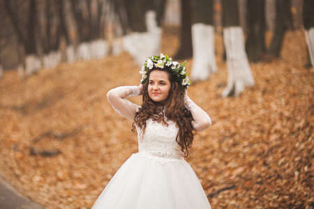 Beautiful bride posing in park and forest autumn.の写真素材