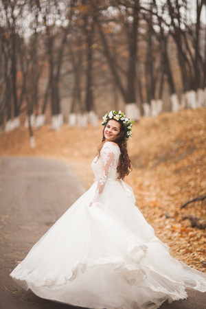 Beautiful bride posing in park and forest autumn.の写真素材