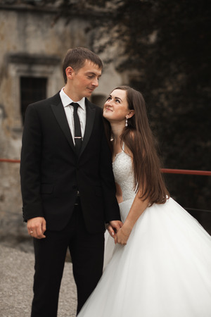 Happy wedding couple hugging and smiling each other on the background gorgeous plants in castle.の写真素材