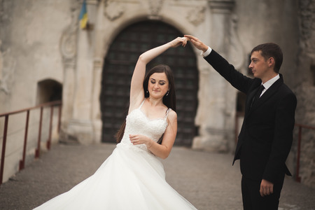 Happy wedding couple hugging and smiling each other on the background gorgeous plants in castle.の写真素材