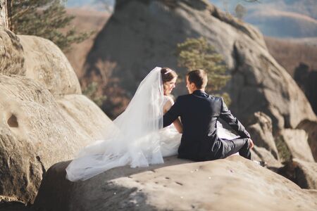 Gorgeous wedding couple hugging in forest with big rocks.の写真素材