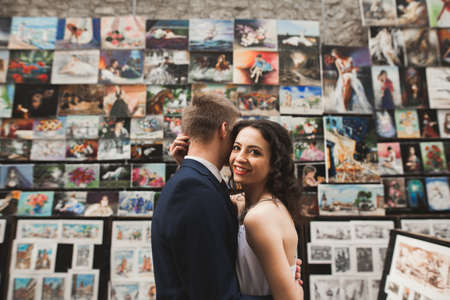 Gorgeous wedding couple, bride, groom hugging against the background of paintings.の写真素材