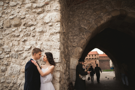 Gorgeous wedding couple, bride, groom kissing and hugging near wall.の写真素材