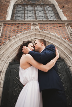 Gorgeous wedding couple, bride, groom posing near old gate building.の写真素材