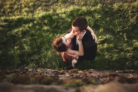 Beautiful wedding couple photographed from above.の写真素材