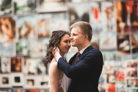 Gorgeous wedding couple, bride, groom hugging against the background of paintings.の写真素材
