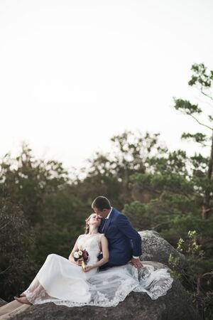 Gorgeous wedding couple hugging near the cliffs with stunning views.の写真素材