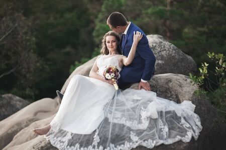 Gorgeous wedding couple hugging near the cliffsの写真素材