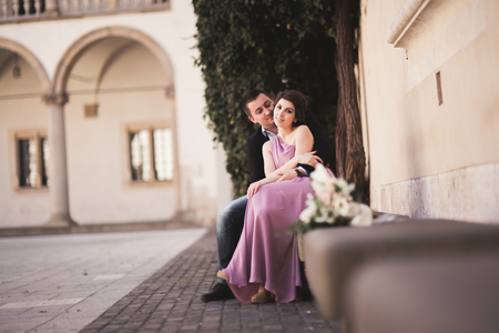 Beautiful couple, man, girl with long pink dress posing in old castle near columns. Krakow Vavel.の写真素材