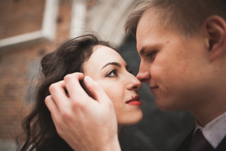 Gorgeous wedding couple, bride, groom posing near old gate building.の写真素材