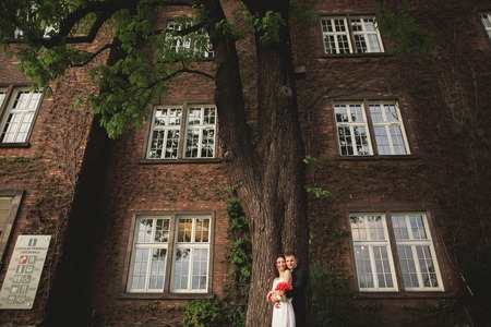 Gorgeous newlywed posing near beautiful wall of plants bushes trees in their wedding day.の写真素材
