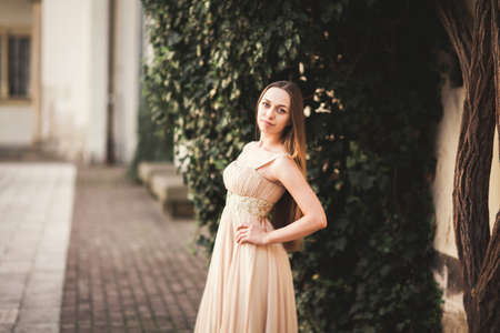 Beautiful girl with long hair posing near tree in vavel Krakow.の写真素材