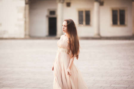 Beautiful girl with long hair posing in old castle with columns. Krakow Vavel.の写真素材