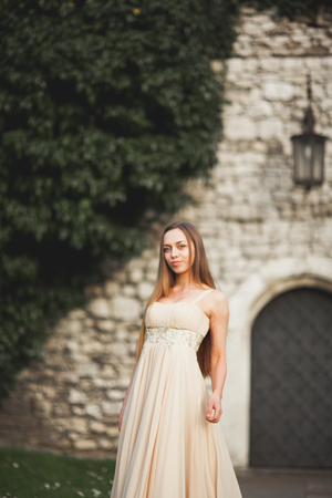 Young woman with long dress and hair posing in park  near old gate.の写真素材