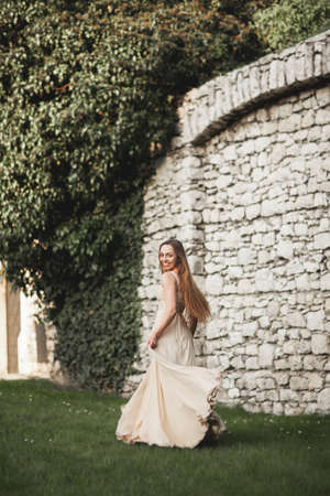 Beautiful girl, model with long hair posing in park near great wall. Krakow Vavel.の写真素材