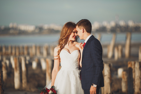 Beautiful young wedding couple, bride and groom posing near wooden poles on the background sea.の写真素材