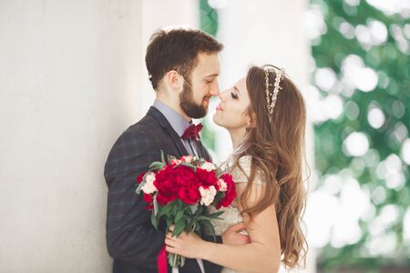 Beautiful couple, bride and groom posing near big white column.の写真素材