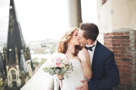 Stylish beautiful wedding couple kissing and hugging on background panoramic view of the old town.の写真素材