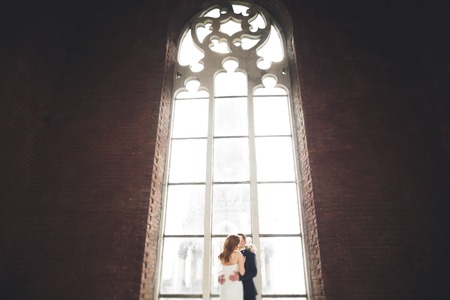 Gorgeous wedding couple walking in the old city of Lviv.の写真素材