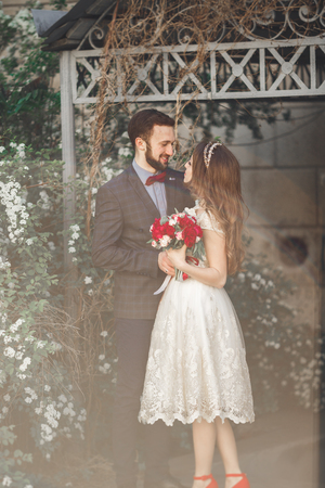 Kissing wedding couple in spring nature close-up portrait.の写真素材
