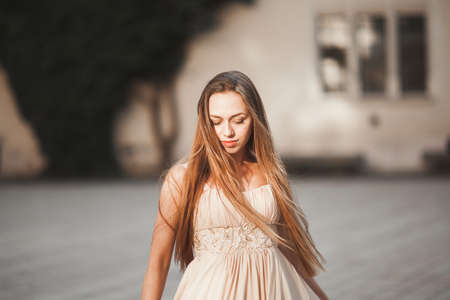 Beautiful girl with long hair posing in old castle with columns. Krakow Vavel.の写真素材