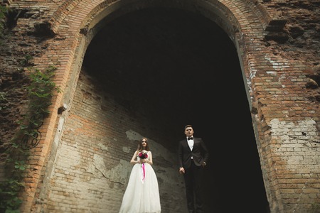 Just married poses in the light of sunset with an old fortress on the background.の写真素材