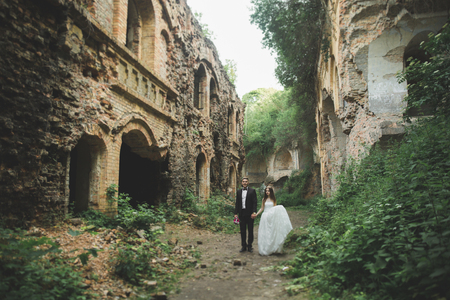 Amazing happy gentle stylish beautiful romantic caucasian couple on the background ancient baroque castle.の写真素材