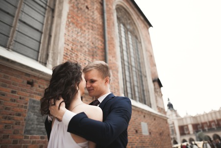 Gorgeous wedding couple, bride, groom posing near old gate building.の写真素材