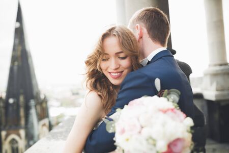 Stylish beautiful wedding couple kissing and hugging on background panoramic view of the old town.