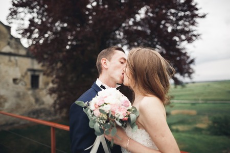 Happy wedding couple hugging and smiling each other on background old castle.
