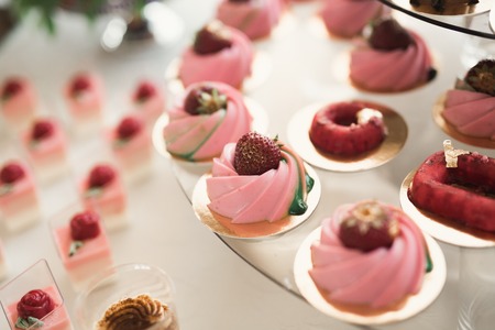 Delicious wedding reception candy bar dessert table.の写真素材