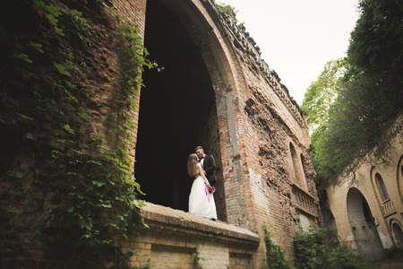 Just married poses in the light of sunset with an old fortress on the background.の写真素材