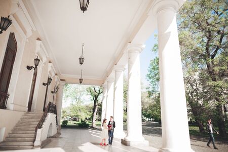 Beautiful couple, bride and groom posing near big white column.
