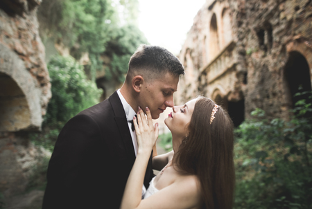 Beautiful romantic wedding couple of newlyweds hugging near old castle.の写真素材
