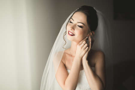 Beautiful young bride with makeup and hairstyle in bedroom, newlywed woman final preparation for wedding. Happy girl waiting groom. Portrait soft focus.の写真素材