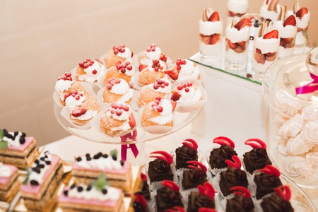 Delicious wedding reception candy bar dessert table.の写真素材