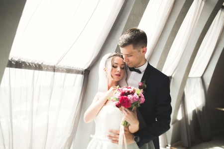 Perfect couple bride, groom posing and kissing in their wedding day.の写真素材