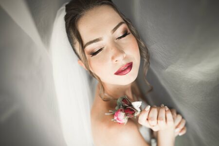 Portrait of beautiful bride with fashion veil at wedding morning. Wedding dressの写真素材