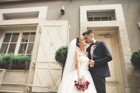 Luxury married wedding couple, bride and groom posing in old city.の写真素材