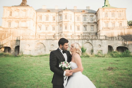 Beautiful romantic wedding couple of newlyweds hugging near old castle.の写真素材