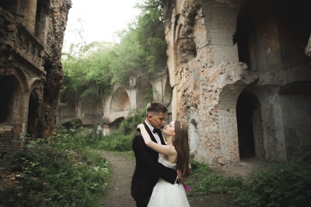 Happy newlyweds near the ancient castle on the walk.の写真素材