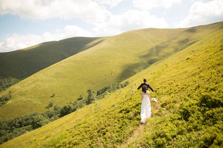 Beautiful fabulous happy bride and stylish groom posing on the background of the sunny stunning mountains.の写真素材