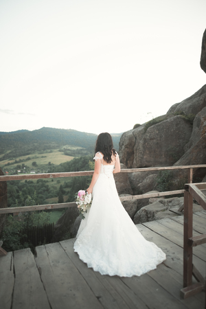 Beautiful bride posing near rocks with perfect views.の写真素材
